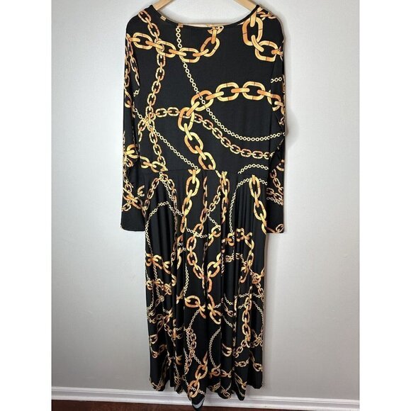 NEW Ashley Stewart Womens Black Gold Long Sleeve Chain Maxi Dress w/Slit 18/20 - Picture 10 of 13